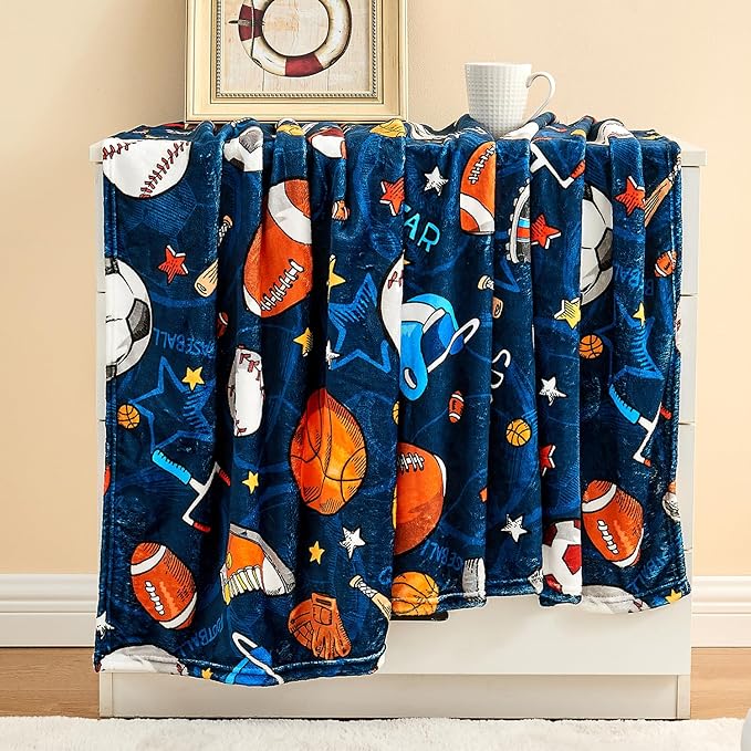 Wajade Sports Blanket for Boys,Soft Fleece 3D Soccer Basketball Baseball Football Kids Blanket for Couch Sofa Bedroom, Fuzzy Ball Throws for Kids Boys Teens,50"x60"