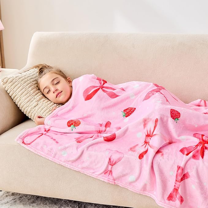 Wajade Strawberry Bow Gifts for Boys Girls - Strawberry Bow Blanket Birthday Christmas Decor for Kids Age 3 4 5 6 7 8 9 10 11 12 Years Old Teens Child Toddler Throw Light Grey 50"x60"