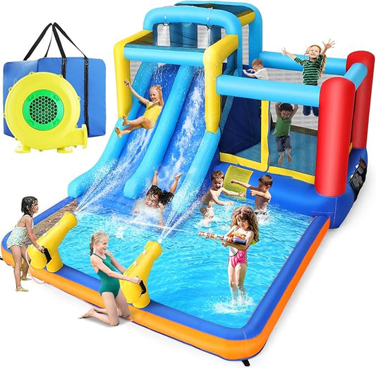 Whubefy Inflatable Water Slide Bounce House for Kids Backyard Blow Up Dual Racing Slides Water Park with Blower, Overhead Sprinkler, Splash Pool, Water Cannon, Climbing Wall for Indoor Outdoor Fun