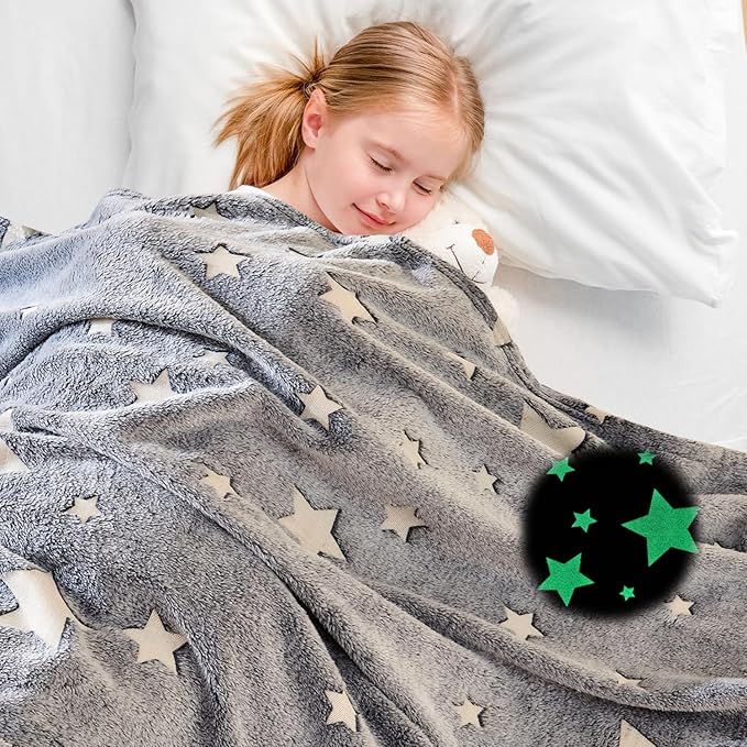 Wajade Glow in The Dark Stars Blanket - Soft Cozy Flannel Kids Throw Blanket for Boys and Girls, Cute Blanket for Sofa Couch Bed, Christmas Birthday Gift 50"x60"