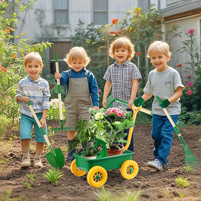 Duckura Kids Gardening Tools Set - 7pcs Wheelbarrow Set Outdoor Toy for Kids with Shovel, Rake, Leaf Rake, Yard Digging Weed Toys, Halloween Birthday Gifts for Boys Girls Age 2 3+Years Old(Yellow)