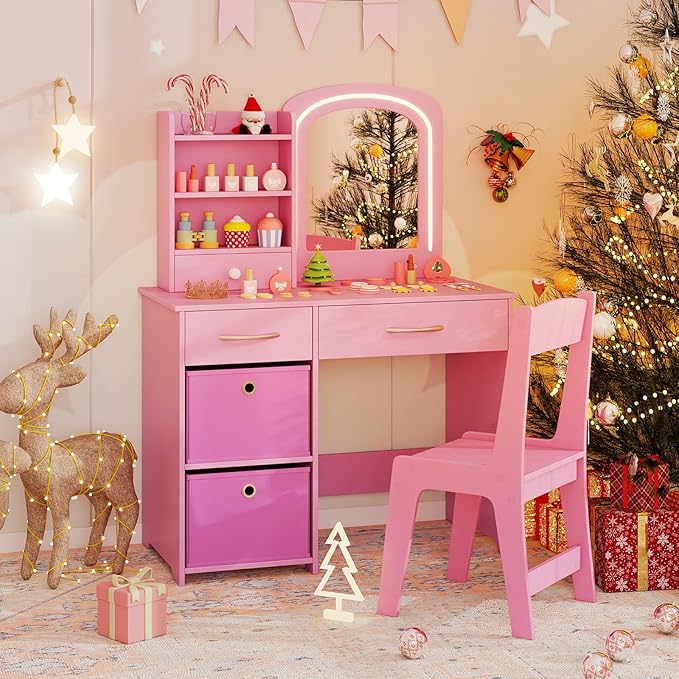 Costzon Kids Vanity with Lights, Princess Makeup Dressing Desk with Mirror and Stool, Storage Drawers, Shelves, Kids Vanity Table and Chair Set for Little Girls (Pink)