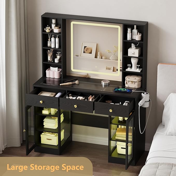 Vanity Desk with Mirror and Lights, White Makeup Vanity with Glass Top & Drawers, 3 Lighting Modes, Power Outlet, RGB Glass Cabinets, Modern Dressing Table for Girls, Women, Teens