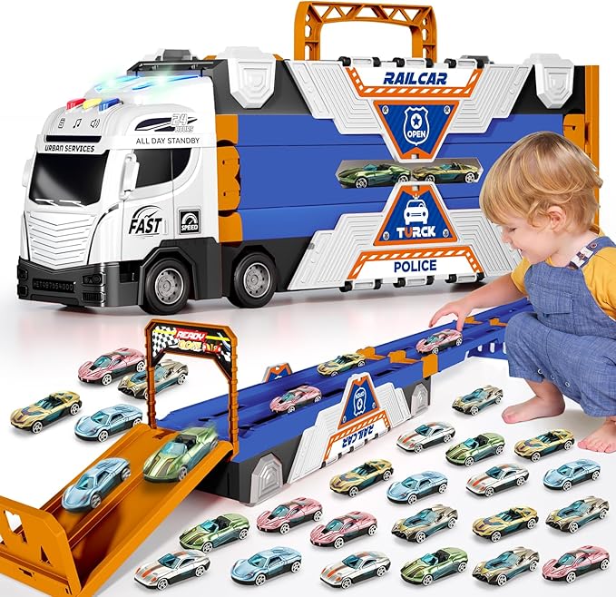 65-Inch Race Car Tracks and 20 Car Toys for Kids Boys Toddlers, Boy Toddler Toys Trucks for 3 4 5 6 7 8 Years Old Kids with Lights Sounds, Truck Toys Gift for 3 4 5 6 7 8 Years Old Boys Girls