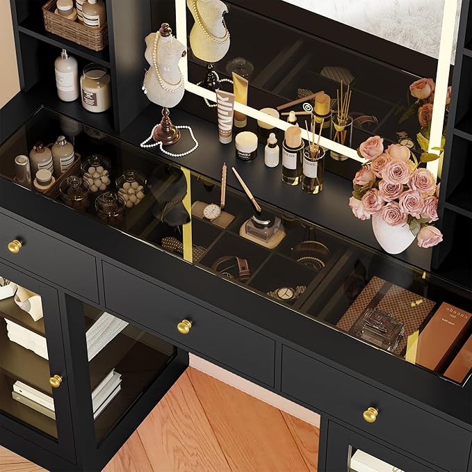 Makeup Vanity Desk with Mirror and Lights, 43" Black Vanity with Glass Top, Jewelry Storage, 3 Drawers & Glass Cabinets, Power Outlet & Adjustable LED Lights, Dressing Table for Women & Girls Bedroom