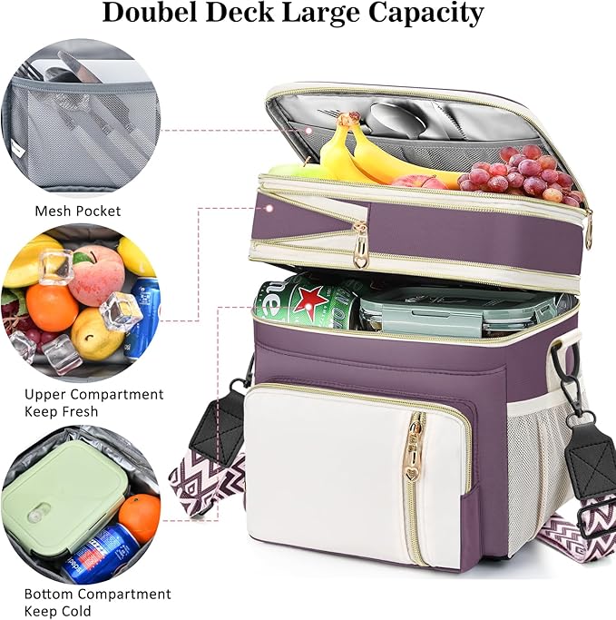 LOKASS Lunch Box & Lunch Bag for Women Men Double Deck, Large Insulated Adult Lunch Box Leakproof Lunchbox Cooler Bag for Work Picnic Beach,（Dark Pink 16L）