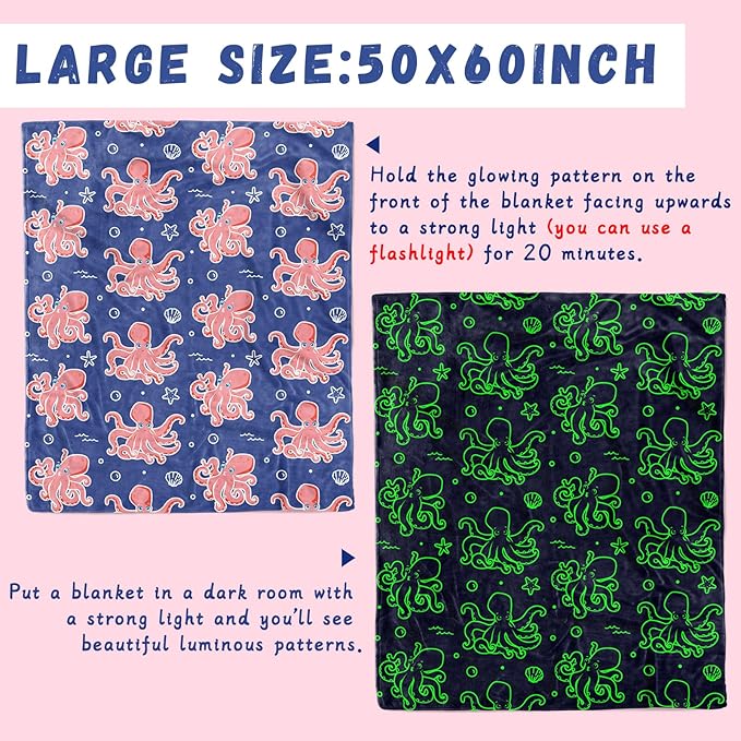 Octopus Twin Blanket for Couch & Bed - Glow in The Dark Ocean Blanket Soft Octopus Gifts for Kids, Blue Sea Animal Fleece Throw for Home Decor Christmas Birthday Present 60"x80"