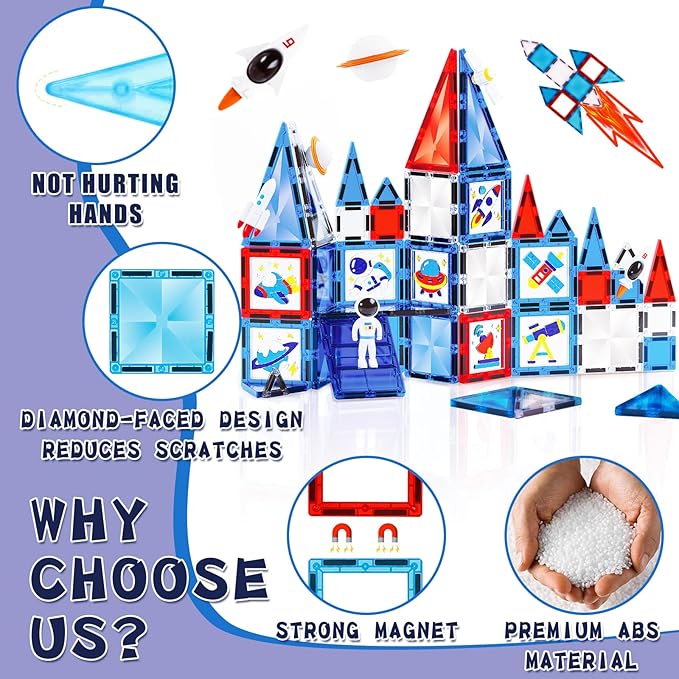 Magnetic Tiles - 58 Pcs Space Magnets Building Blocks Set - Sensory Travel Toys for Toddler - STEM Construction Playboards Stacking Toy - DIY Window Art - Birthday Gifts for Boy, Girl, Kids Ages 3-12