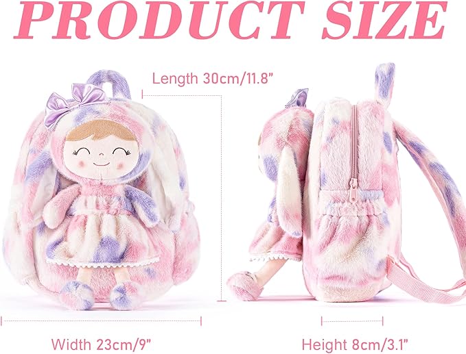 Gloveleya Back to School Gifts for Girls Backpack Plush Diaper Bag Detachabale Doll Tie-dye Purple and Soft Rabbit Design Aged 2+