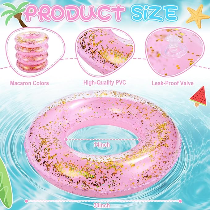 ShinyRelief 4 Pcs Inflatable Glitter Pool Float 30'' Macaron Swim Tube with Gold Confetti Swim Inner Tube for Adults Pool Floats Rings for Summer Beach Swimming Pool Bachelorette Party
