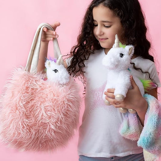 Perfectto Design Unicorn Toy for Girls Age 3, 4, 5. 4 PCS Set - Mommy Baby Stuffed Animal, Bag and a Doll Blanket. Unicorn Gift for 3-6 Year Old Girl Birthday or Christmas. (White Rainbow)