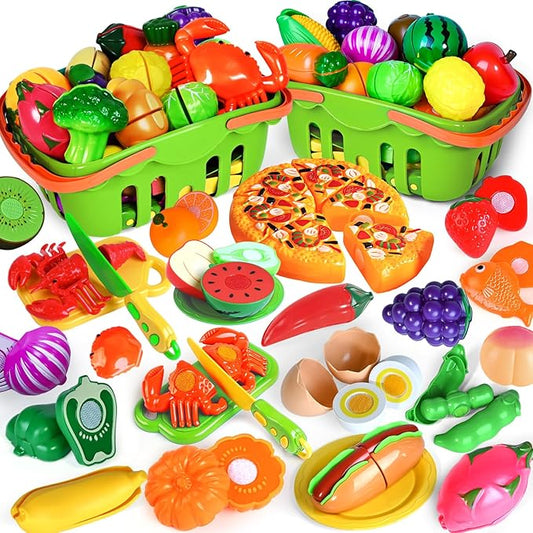 100 PCS Cutting Play Food Toy for Kids Kitchen, Pretend Food Toys for Toddlers, Play Kitchen Toys Accessories with 2 Baskets, Fake Food/Fruit/Vegetable, Birthday Gifts for 3 4 5 6 Years Old Boys Girls