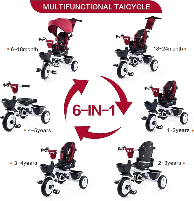 JMMD Baby Trike, 6-in-1 Kids Stroller Tricycle with Adjustable Push Handle, Removable Canopy, Safety Harness for 6 Months - 5 Year Old(Red)