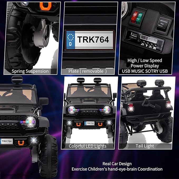 2 Seats 24V Kids Ride on Truck with Remote Control, Battery Powered Electric Ride Car Toy for 3-8 Years, 4 Motors,20" Seat Width for 2 Seaters, LED Light,Music,High/Low Speeds,Shovel, USB (Black)