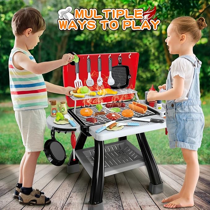 Kids Play Kitchen Toys, Kids BBQ Grill Kitchen Playset with Smoke, Sound & Light, Play Food Toys Cooking Set, 2-Layer Barbecue Outdoor Play Grill Toy Gift for Toddler Boys Girls 3-5
