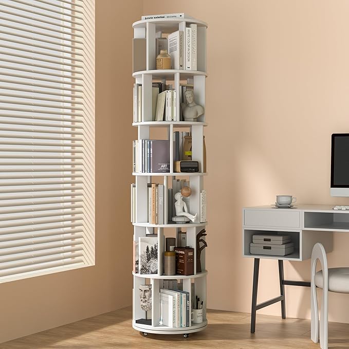 6-Tier Solid Wood Rotating Bookshelf on Wheels, 360° Spinning Book Shelf Tower, Round Revolving Bookcase Organizer, Rolling Bookshelves for Small Spaces, Corner, Bedroom, Kids Room, Office, White