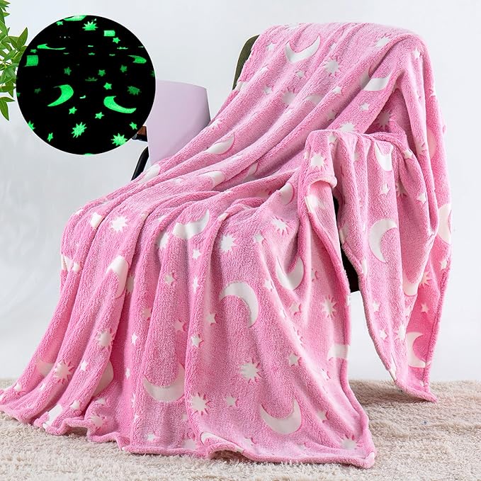 QSTEHEML Pink Moon Glow in The Dark Blanket,Star Gifts Toys for Kids Girls Birthday Christmas Bedroom Decor for Age 3-12 Years Old Toddler Teens Child Daughter Soft Luminous Blanket，50"×60"