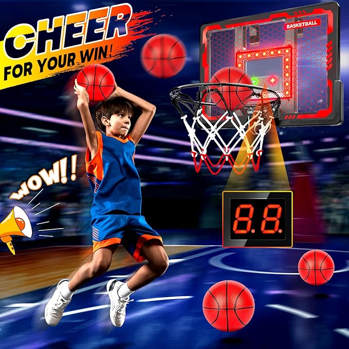 Indoor Basketball Hoop Pro, Mini Basketball Hoop Over The Door with LED Light/Scoreboard/4 Balls- Upgraded Anti-Impact Backboard, Basketball Toys Gift
