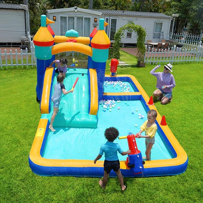 TABU Bounce House with Slide, Inflatable Castle with Splash Pool Water Cannons, Outdoor/Indoor Bouncy House with Air Blower, Ball Pit, for Kids Aged 3-12(177.2x124x88.6in)