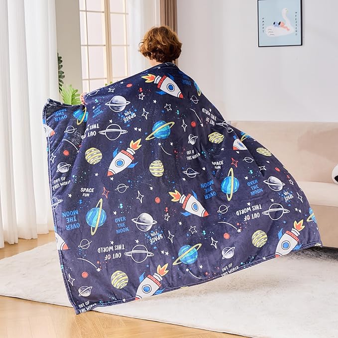Wajade Toddler Fleece Space Blanket for Boys Kids 3D Rocket Planets Soft Throw Blanket Birthday Christmas Halloween Space Decor for Children 50"x60"