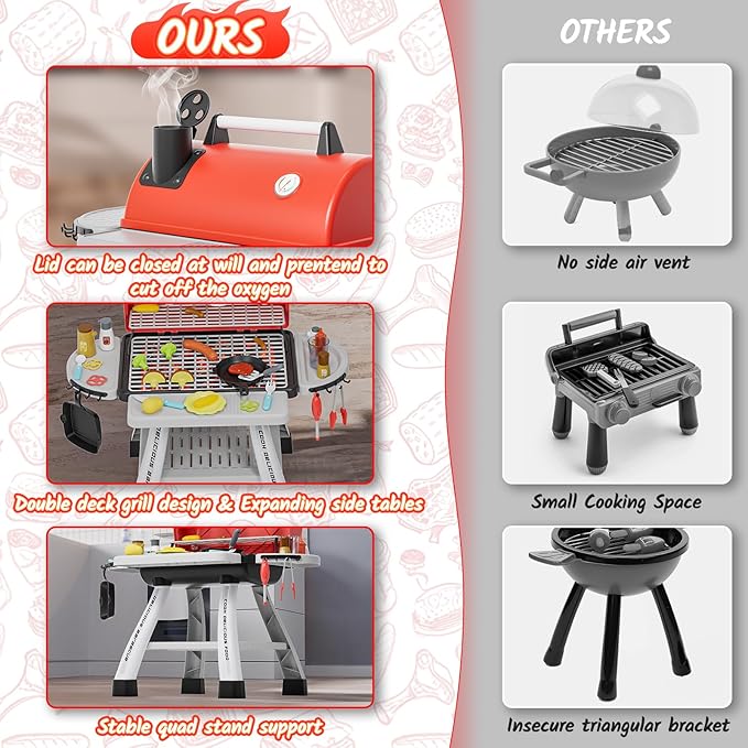 Kids Toys Kitchen Playset, BBQ Grill Playset with Smoke, Sound & Light, Toy Grill for Kids, Pretend Play Food Hamburger, Interactive Toys Barbecue Cooking Game for Toddlers Boys Girls 3-5