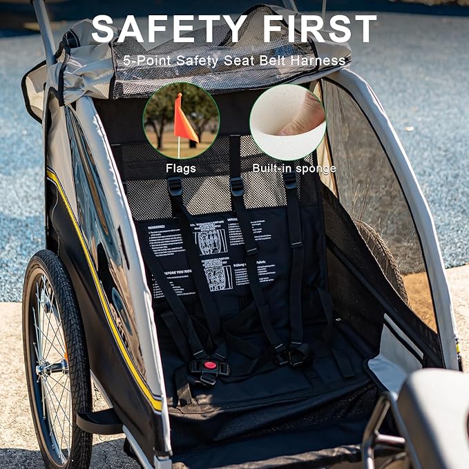 LEOGUAR Bike Trailer for Kids, Stroller, Suitable for 1 to 2 Kids, 5-Point Harness, Padded seat and Backrest, Folding Frame, Quick Release Wheels, 8" Swivel Front Wheel, Bug Screen & Weather Shield