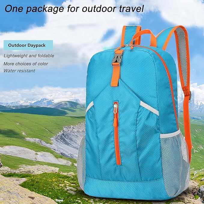 25L Foldable Hiking Backpack Lightweight Packable Basic-Daypack Collapsible Bag Water-Resistant Travel Men Women Camping Cycling Outdoor (Blue)