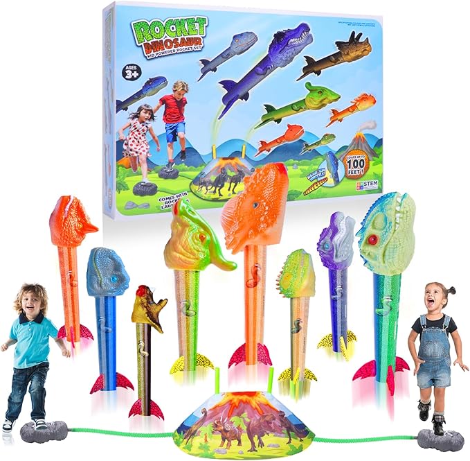 Dinosaur Rocket Launcher for Kids - Launch Up to 100 Ft, 8 Rockets and 2 Pads for Multi-Player, Dinosaur Toys, Birthday Gift Ideas, Toys for 3 4 5 6 7 Year Old Boys, Outdoor Outside Toys