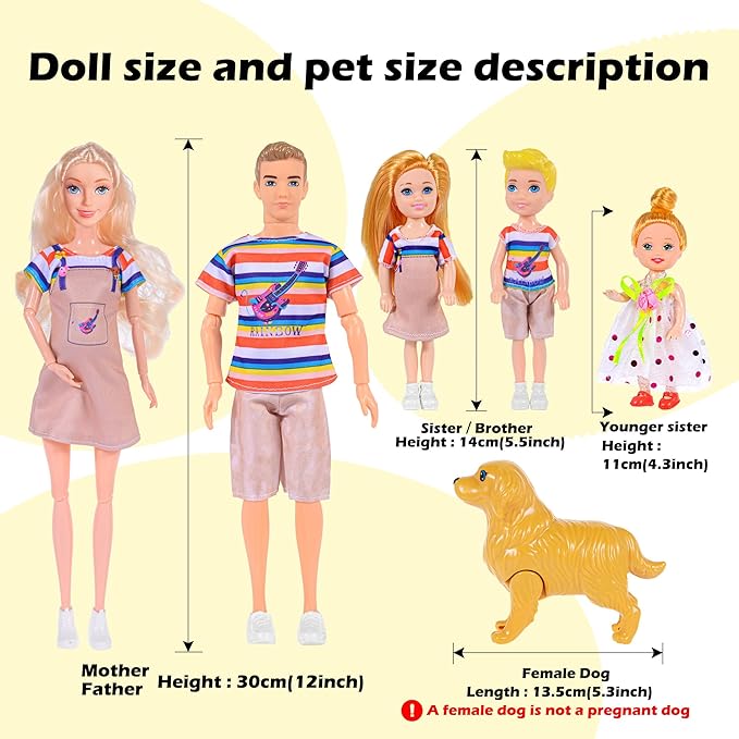 iBayda Family Dollhouse Dolls Playset - 6 People with Dollhouse Pets Included Pregnant Mom Dad 3 Kids and Accessories for 3-12 Years Old Toddlers Gift