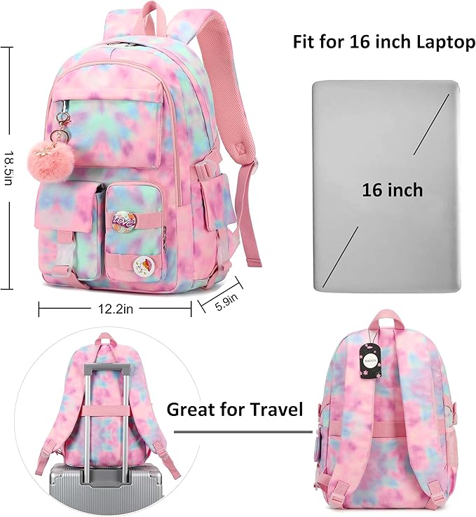 Hidds Laptop Backpacks 16 Inch School Bag College Backpack Anti Theft Travel Casual Daypack Bags Cute Bookbags Large Colorfull Carry on Back Pack for Teens Girls Women Students (Tie-Dye Pink)
