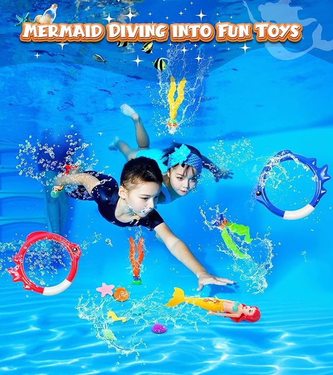 Pool Toys for Kids, Mermaid Swim Diving Pool Toys for Toddlers Girls,Underwater Sinking Water Ball Games, Pool Swim Float Treasure Fish Toy, Diving Ring Toys with Mesh Bag for Summer Pool Beach Party