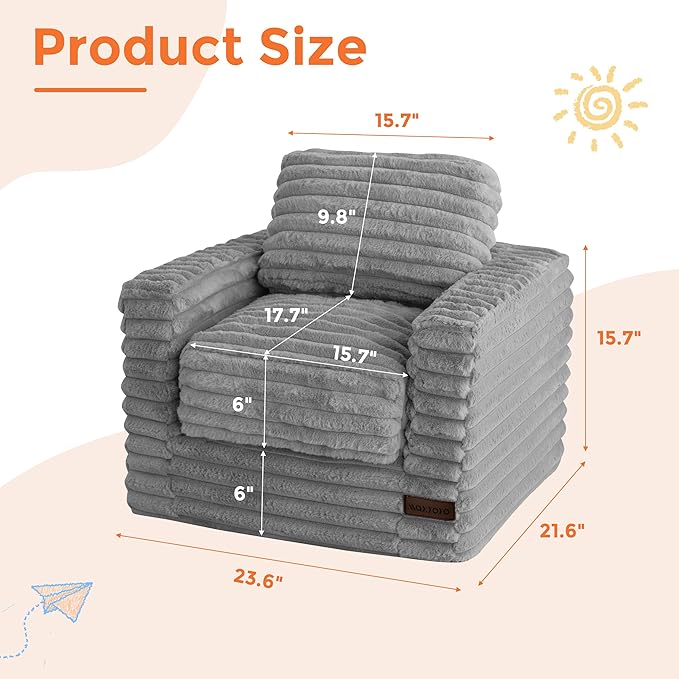 MAXYOYO Kids Bean Bag Chair, Comfy Faux Fur Bean Bag Sofa with Filler, Upholstered Floor Sofa with Pillows and Armrests, Lazy Floor Chair Couch for Boys and Girls, Grey