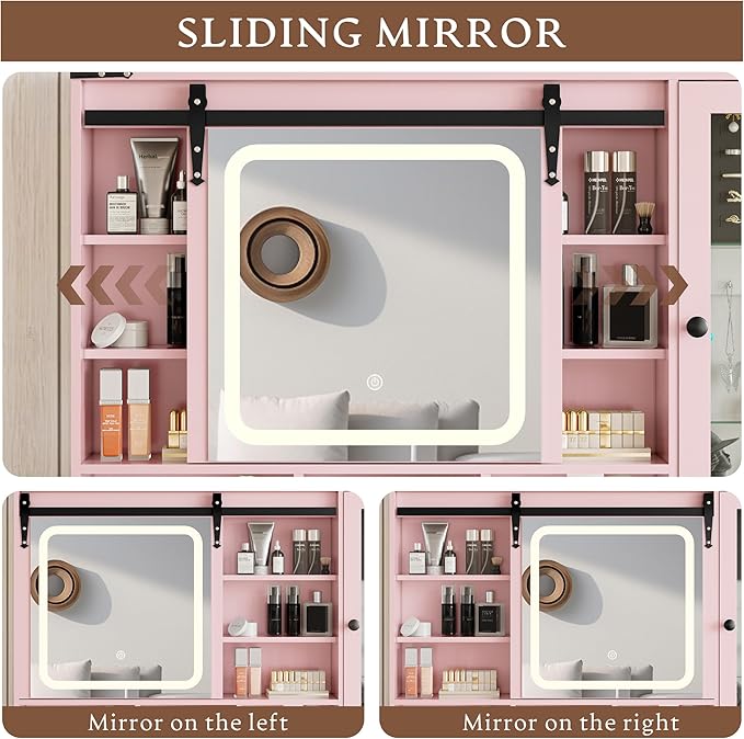 Makeup Vanity Desk with Sliding Mirror and Lights, Farmhouse Vanity Table Set with Power Outlet & RGB Cabinet, Dressing Table with Storage Drawers & Shelves for Kids Girls Women Bedroom, Pink