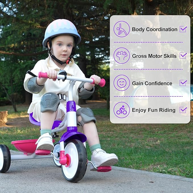 Liberry 2 in 1 Toddler Tricycle Age 2 3 4 Years Old, Kids Trike with Adjustable Push Rod, Bell & Basket, 3 Wheel Bike Riding Toy Birthday Gift for Girls Boys, Rose Purple