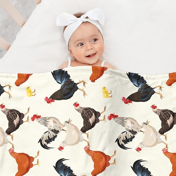 Cute Chicken Printed Blanket Soft Fuzzy Flannel Plush Throw Blanket for Couch,Sofa and Bed Decorative Blankets Funny Colorful Rooster Swaddle Baby Kids Blanket All Season 80"x60"