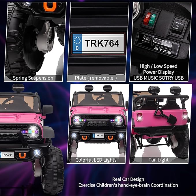 2 Seats 24V Kids Ride on Truck with Remote Control, Battery Powered Electric Ride Car Toy for 3-8 Years, 4 Motors,20" Seat Width for 2 Seaters, LED Light,Music,High/Low Speeds,Shovel, USB (Pink)