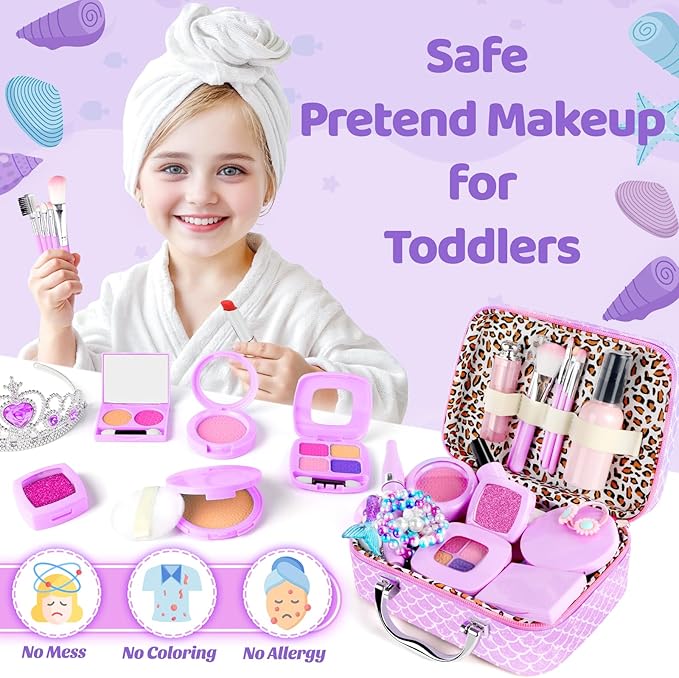 INNOCHEER Pretend Makeup for Toddlers Toys, Fake Makeup Mermaid Toys for Girls Purse, Toddler Makeup Kit Pretend Play Makeup Toys, Toy Mermaid Makeup for Kids, Gifts Toys for 3 4 5 6 7+ Year Old Girls