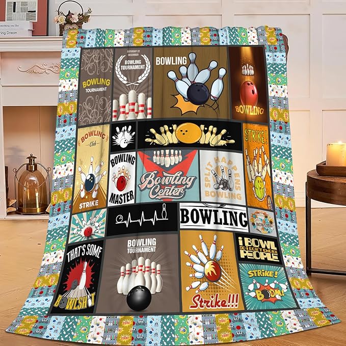 Bowling Blanket Bowling Throw Blanket Gifts for Bowling Lovers Kids Girls Boys Adults Women Men Super Soft Cozy Plush Fluffy Fuzzy Fleece Blanket Decor 60''X80''