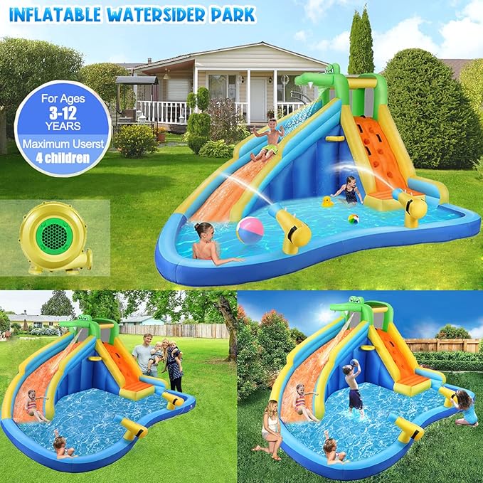 AKEYDIY Inflatable Water Slide for Kids 3-12,Crocodile Cove Water Park with Splash Pool,Water Cannon, Climbing Wall, Kids Inflatable Water Park Slide for Backyard Summer