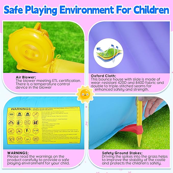 Inflatable Bounce House for Kids 3-10, 123" L x 110" Bouncy Castle, Jumping, Slide, Basketball Hoop, Ball Pits, Rings, Target Game Blower Included