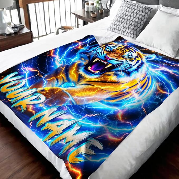 Personalized Blanket for Boys Men, Tiger Throw Blankets for Kids Adults Son Tiger Lovers 60x80 Inches Lightweight Cozy Custom Throw for Sofa Couch Bed Living Room Office Trip