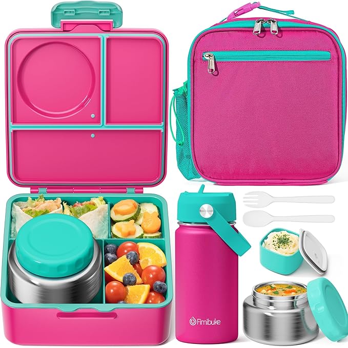 Fimibuke Bento Box for Kids Adult - Leakproof 3-4 Compartments Lunch Bento Box Set with Insulated Food Jar, Water Bottle, Lunch Bag, Sauce Cup & Cutlery for Toddler Teen Shcool Girl Boy Age 3+