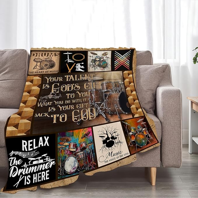 Rock Music Blanket Ultra Soft Cozy Drum Set Kit Throw Blanket Fleece Fuzzy Plush Bedding Vintage Musical Instrument Lovers Gifts for Women Girls Kids Adults 60"x50"