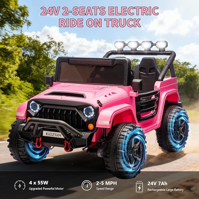 2 Seater Ride on Car Toy for Kids, 24V 4x4 Ride-on Truck, w/Parent Control, Soft Start, 3 Speed, 4-Wheeler Suspension, Bluetooth, LED Lights, Electric Car for Kids Toddler Ages 3-8, Pink