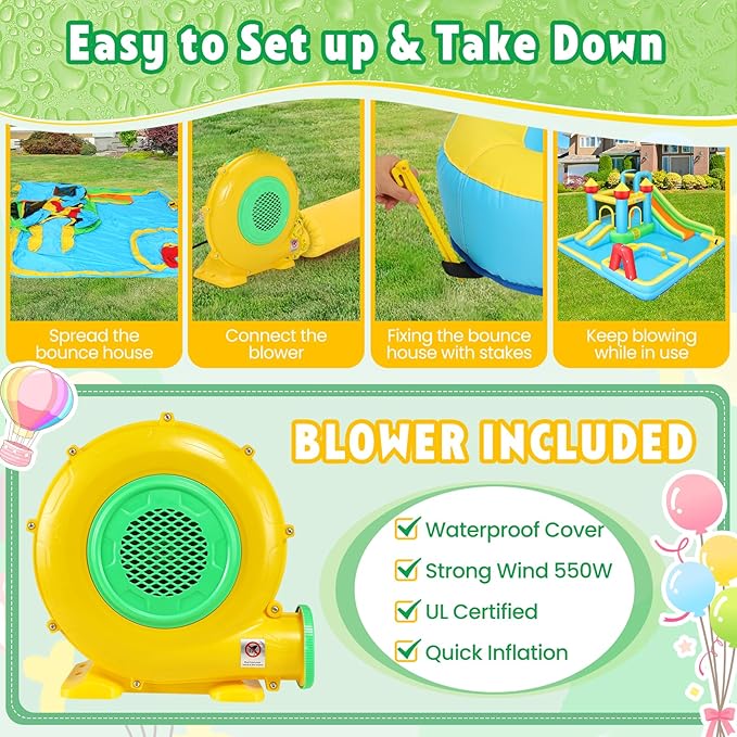 WHUBEFY Bounce House,Inflatable Water Slide Bounce Castle with Blower for Kids 3-12,Outdoor/Indoor Bouncy House Water Park for Backyard with 2 Splash Slides,Climbing Wall,Ball Pit,Jumping Area