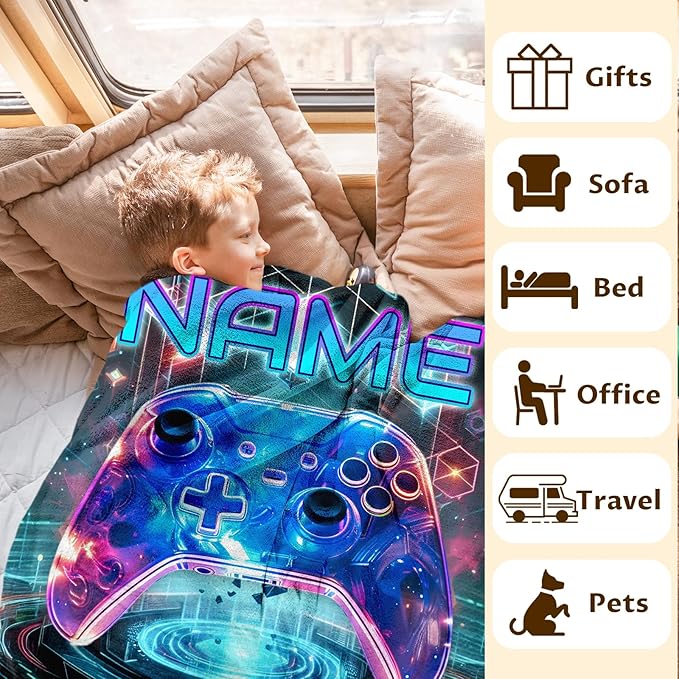 Personalized Name Gaming Throw Blanket for Boys - 60x50 Inches Throw Size Game Themed Gifts for Teens, Girls - Cozy Comfort Plush Blankets for Bed, Couch Decor - Gamer Accessories for Teens Room