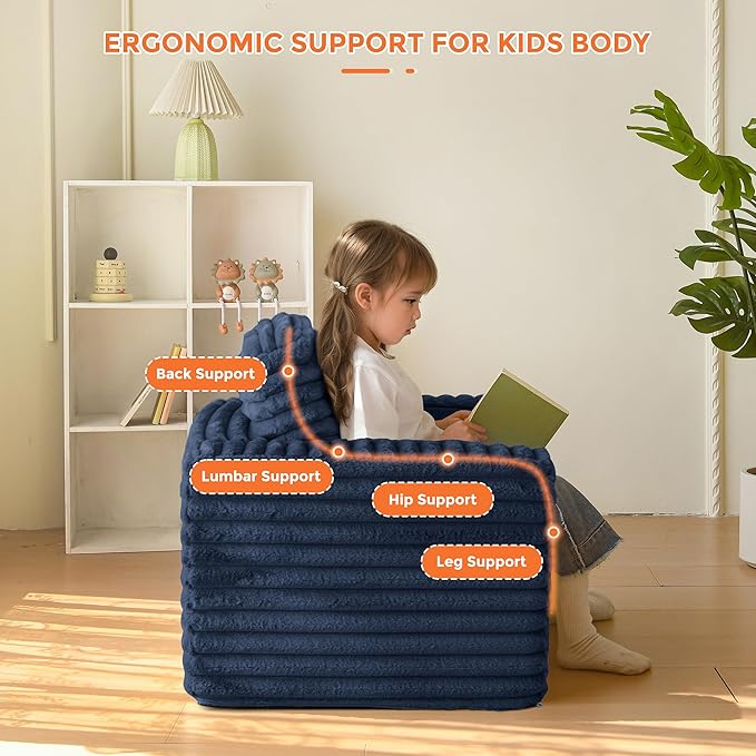 MAXYOYO Kids Bean Bag Chair, Comfy Faux Fur Bean Bag Sofa with Filler, Upholstered Floor Sofa with Pillows and Armrests, Lazy Floor Chair Couch for Boys and Girls, Navy