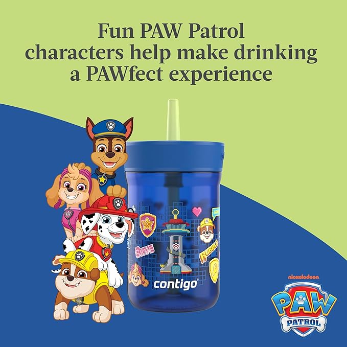 Contigo Leighton Kids Paw Patrol Plastic Water Bottle, Spill-Proof Tumblers with Straw, Dishwasher Safe, 14oz, Power Pups, Blue