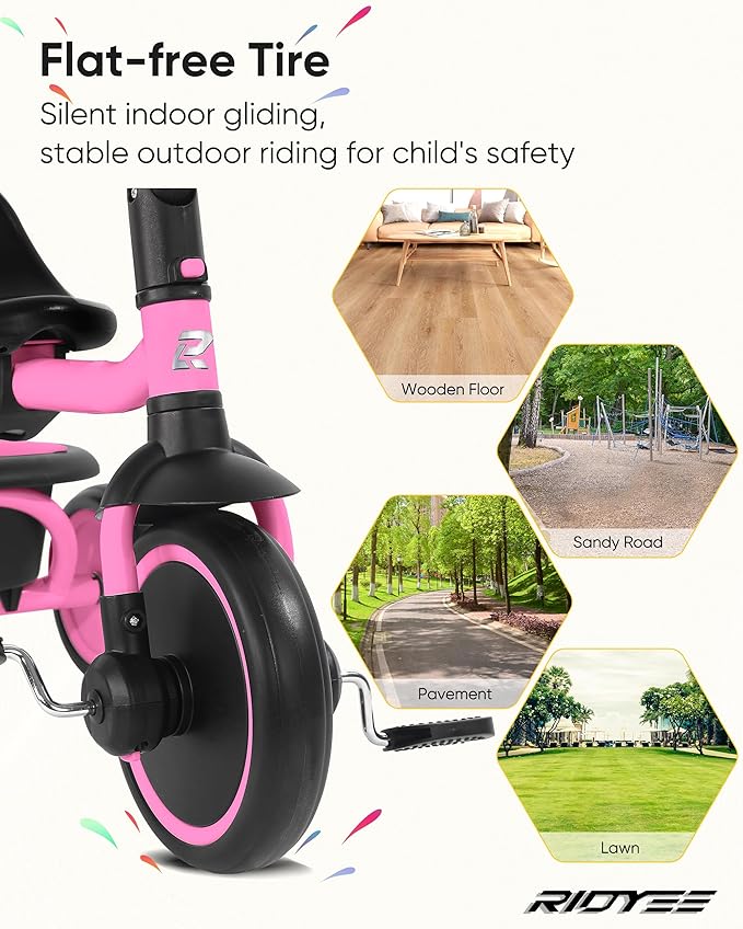 Toddler Tricycle for 18 Months to 5 Years, Foldable Tricycles for 3-5 Year Olds, Kids Tricycle with Adjustable Carry-Friendly Ergonomic Seat and Covered Large Basket, Pink