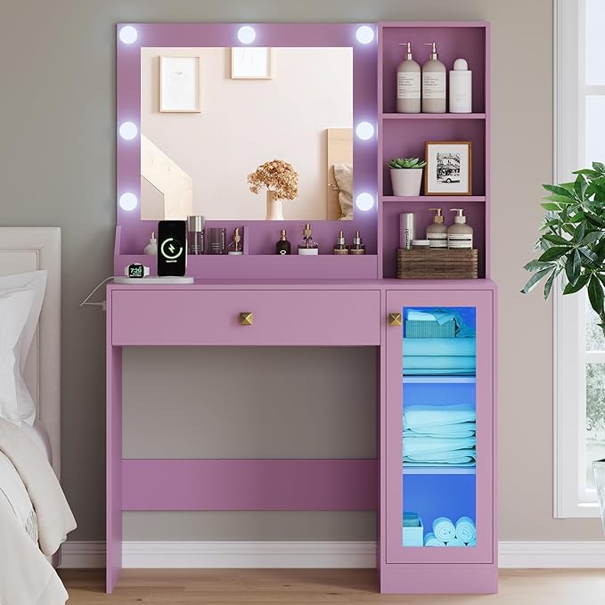 Vanity Desk with Mirror and Lights, Small Makeup Vanity Table with RGB Storage Cabinet & Power Strips & Shelves, 3 Lighting Modes & Adjustable Brightness, Dressing Table for Women Girl Bedroom, Purple